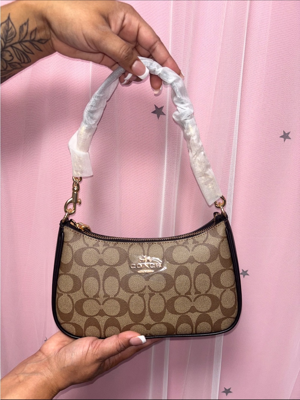 Coach Brown Signature Mini Shoulder Bag with Gold Hardware